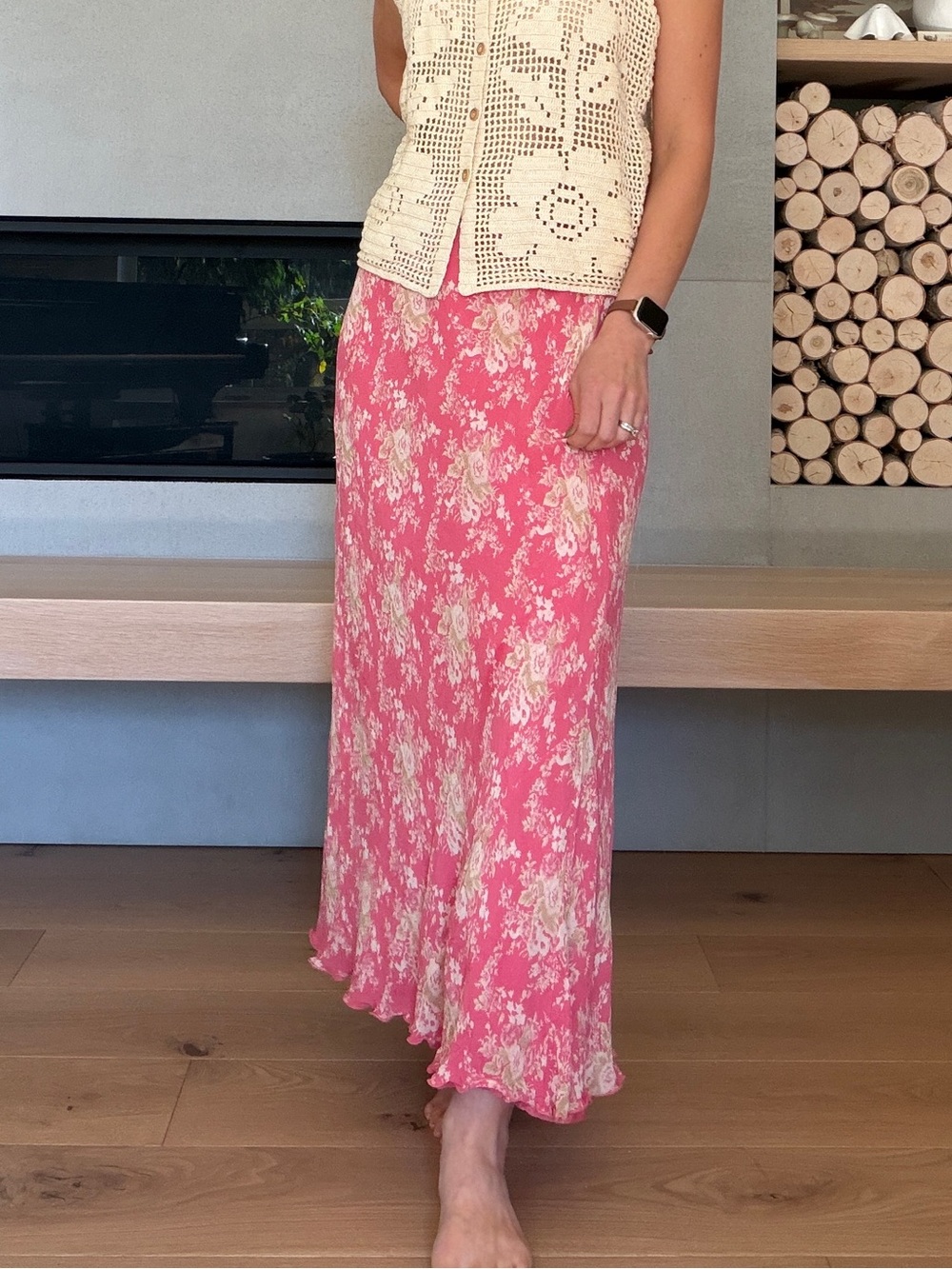 Vintage April Cornell Pink Floral Maxi Skirt large